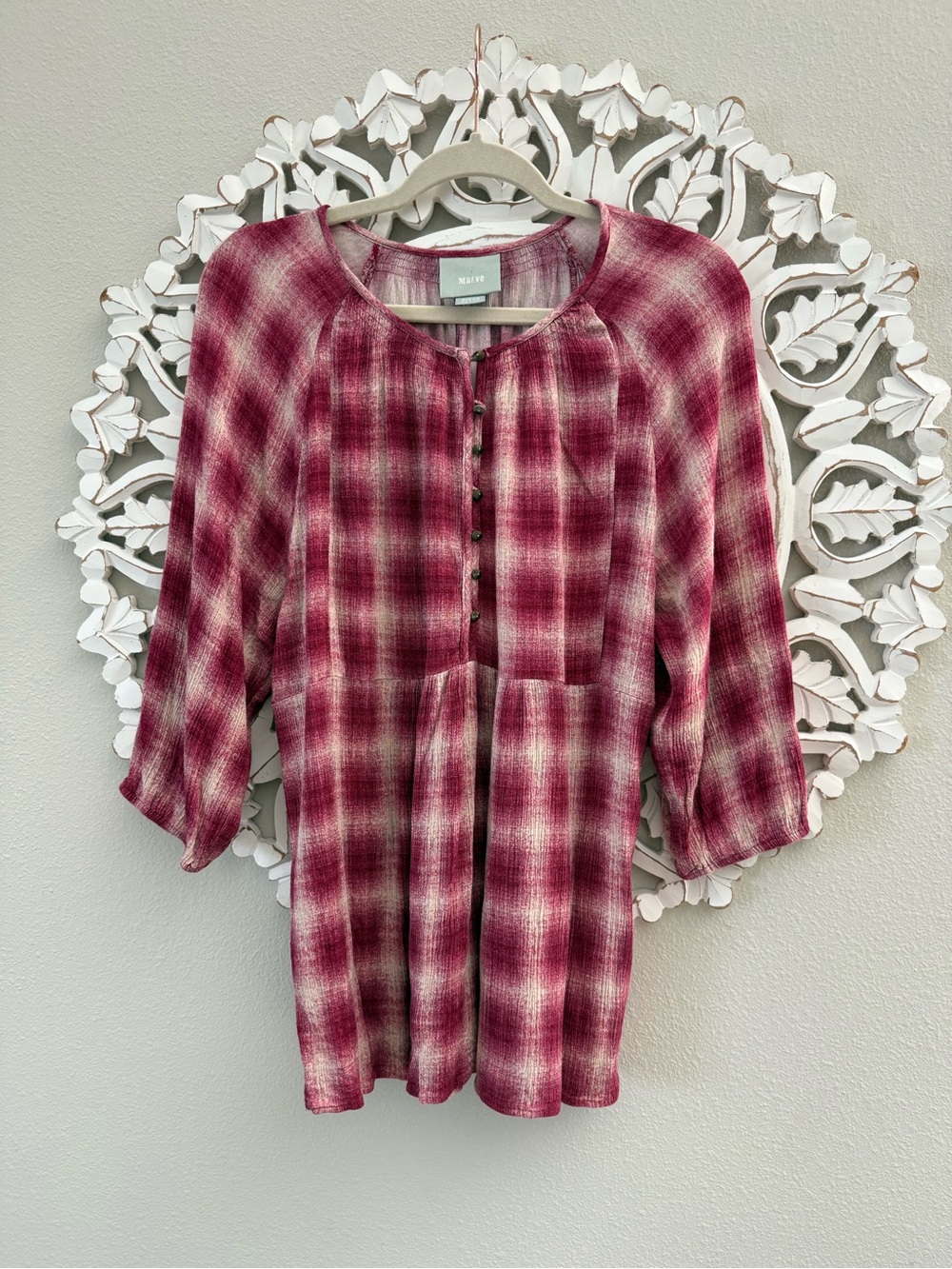 Anthropologie Maeve Burgundy Plaid Button Front Tunic Top Medium - Picture 2 of 8